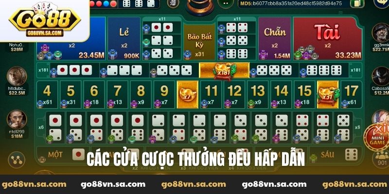 Các cửa cược thưởng đều hấp dẫn