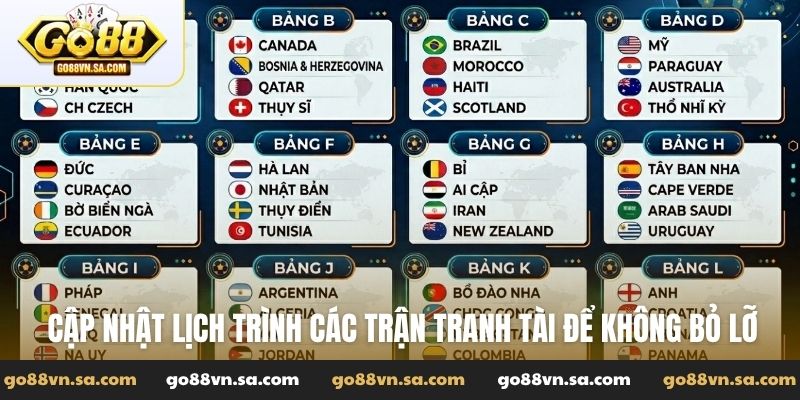 Cập nhật lịch trình các trận tranh tài để không bỏ lỡ